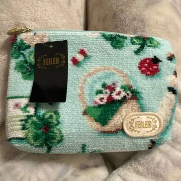 FEILER 꽃 바스켓 무늬 파우치 스카이블루 일본제 새상품
