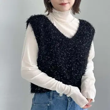 니트 볼레로 블랙 라메 페더 니트 베스트 택 포함 2way 아카이브