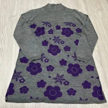 MARY QUANT 그레이 보라색 꽃무늬 하이넥 미들넥 니트 얇은 소재
