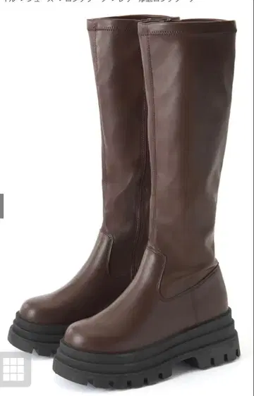 브라운 가죽 통굽 롱 부츠