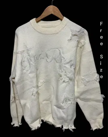 Unisex 연한 옐로우 컬러 자수 데미지 니트 프리 사이즈