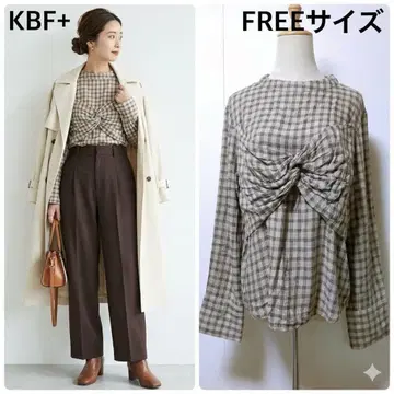 KBF 플러스 뷔스티에풍 체크 블라우스 프론트 트위스트 레이온