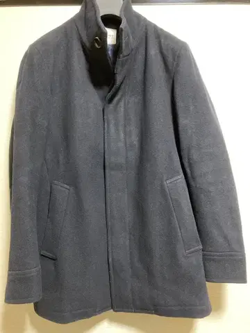 다케오 키쿠치 스탠드 칼라 하프 코트 멜톤 울 네이비