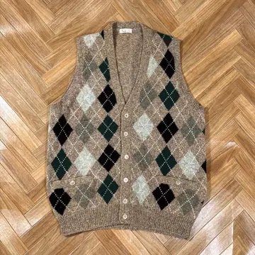 아가일 무늬 울 니트 베스트 Papas 울 100% 멜란지 베이지 L