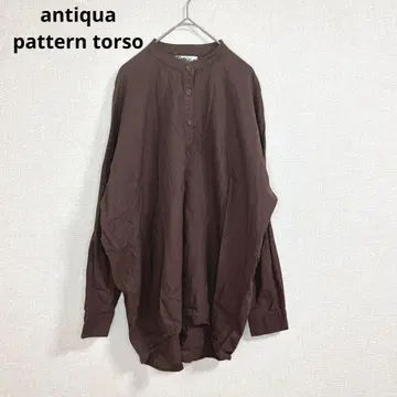 [패턴 토르소] 긴팔 셔츠 노카라 면마 혼방 깔끔한 캐주얼 브라운