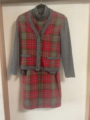 레드 그레이 체크 무늬 셋업