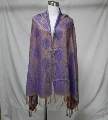 캐시미어 100% 대형 스톨 페이즐리 무늬 베이지 x 블루 미사용