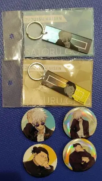 주술회전 메탈 키링 2개 캔뱃지 4개 고죠 사토루 게토 스구루