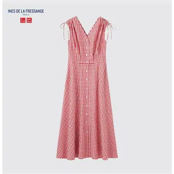 유니클로 이네스 코튼 플레어 V넥 원피스 깅엄 체크 레드