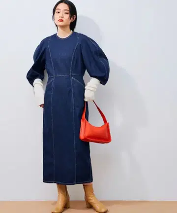 다크 데님 퍼프 슬리브 맥시 원피스