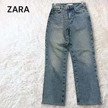 ZARA 라이트 워시 스트레이트 데님 팬츠 밑단 컷팅 라이트 블루