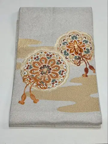 나고야 오비 꽃무늬 자수 꽃 화환 실버 계열