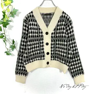 GORGE 골지 하운드투스 가디건 숏 기장 화이트 블랙 모노톤