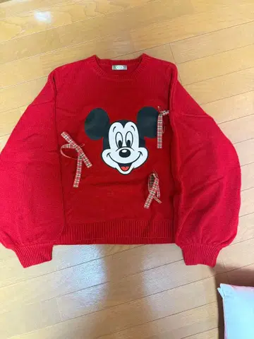 미키마우스 프린트 니트 스웨터 레드