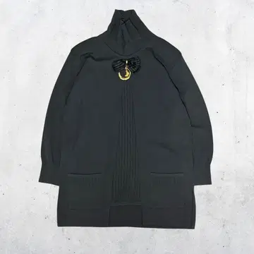 초승달 리본 브로치 포함 다크 그레이 니트 긴 기장 일본제