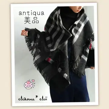 antiqua [ 새상품급 블랙 ] 울 혼방 체크 무늬 판초/스톨
