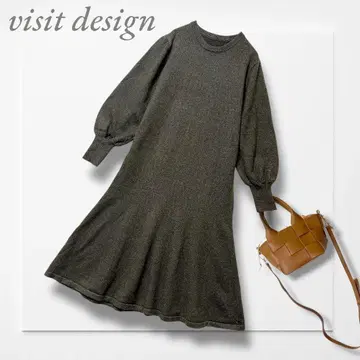 비짓 디자인 니트 플레어 원피스 (L) 카키 벌룬 슬리브 A 라인