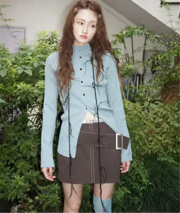 musubore 롱 슬리브 플레인 가디건 블루 니트