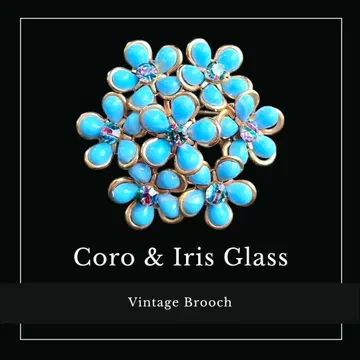 레어 스톤 Coro 아이리스 유리 활짝 핀 블루 플라워 부케 브로치