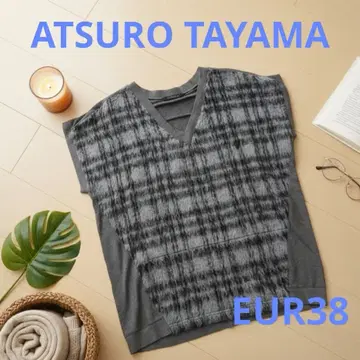 ATSURU TAYAMA 체크 무늬 퍼 니트 베스트 그레이 V넥