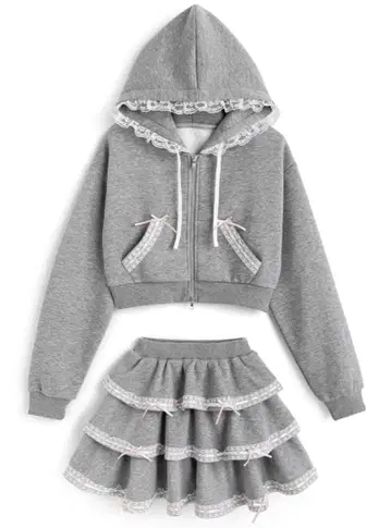 리본 레이스 후드티 x 티어드 미니 스커트 맨투맨 셋업 ru1452