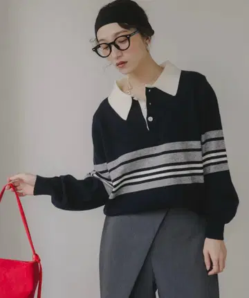 멀티 보더 폴로 옷깃 니트