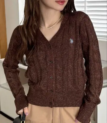 U.S. POLO ASSN 케이블 라메 니트 V넥 가디건