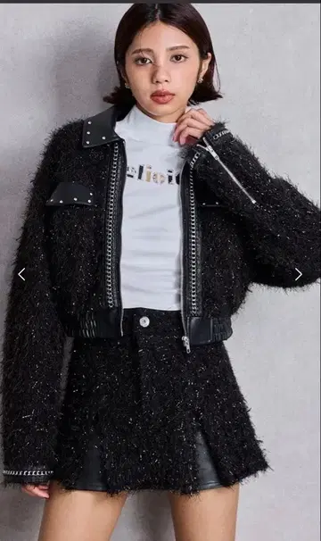 GYDA 라메 프린지 트위드 스커트 라이크 숏팬츠 자켓 블랙