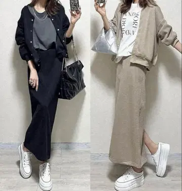 셋업 깔끔한 맨투맨 긴팔 롱 스커트 블루종