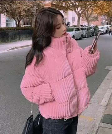 핑크 코듀로이풍 다운 자켓