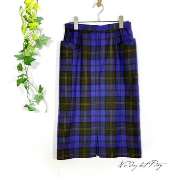 썬 플라워 체크 무늬 울 타이트 스커트 퍼플 M 사이즈 일본제