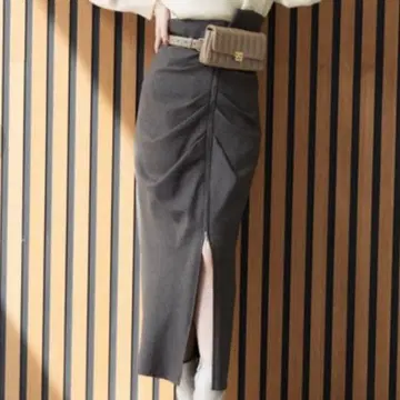 스나이델 지퍼 슬릿 타이트 스커트 그레이 브라운