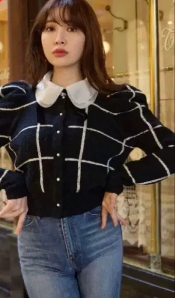 Her lip to 체크 니트 카라 부착 가디건 블랙 M