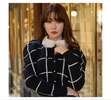 Her lip to 체크 니트 카라 부착 가디건 블랙 M