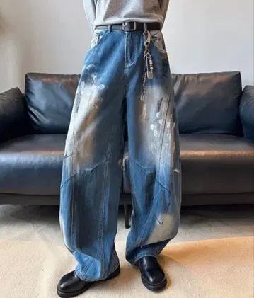 데미지 가공 와이드 데님 팬츠 Y2K 페인트 가공