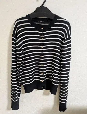 PLST 메탈 버튼 가디건 블랙 x 화이트 보더 M