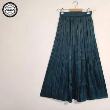 [ 새상품급 ] 플리츠 스커트 롱 기장 레트로 광택 새틴풍 그린 S