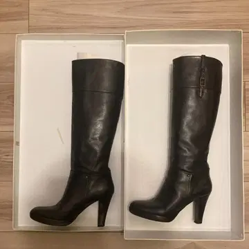 블랙 가죽 롱 부츠 하이힐