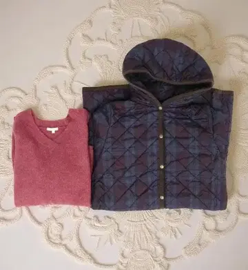 STUDIO CLIP 체크 무늬 퀼팅 코트 + V넥 스웨터