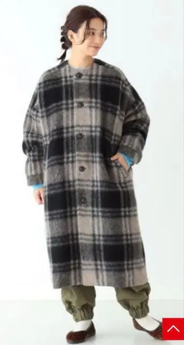 BEAMS BOY / 슬리버 타탄 체크 노카라 코트