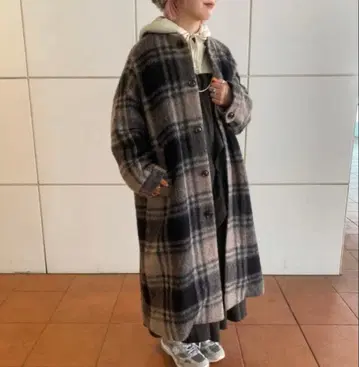 빔스 보이 슬리버 타탄 체크 노카라 코트