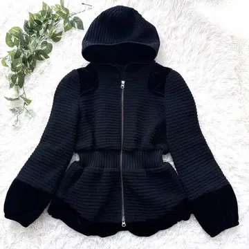 니트 스웨이드 절개 자켓 후드 부착 A라인 실크 혼방 도트