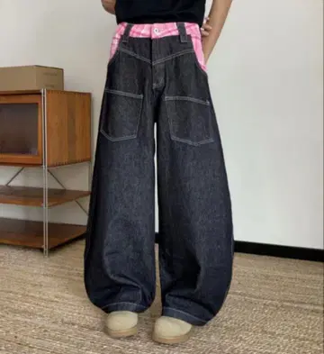 블랙 데님 와이드 레그 팬츠 체크 레이어드