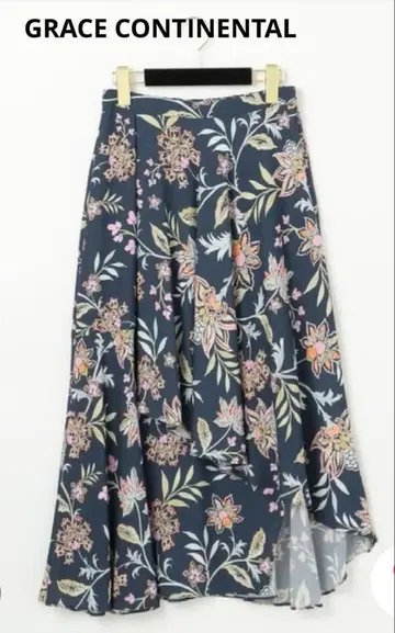 GRACE CONTINENTAL 플레어 스커트 네이비 꽃무늬 프릴
