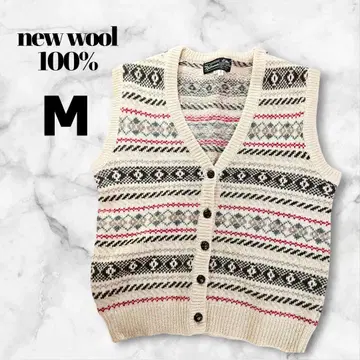 울 100% 노르딕 무늬 페어아일 패턴 니트 베스트 M 프론트 오픈 M