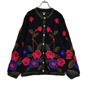 가디건 레트로 꽃무늬 모티브 럭셔리 자수 빈티지 블랙