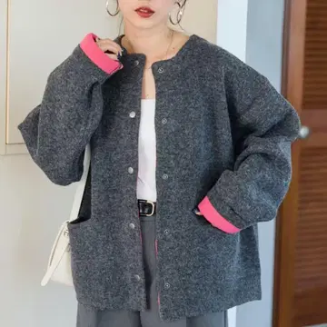 [ FREAK'S STORE ] 안쪽 배색 스냅 니트 가디건 그레이