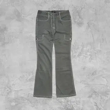 카키 플레어 카고 팬츠 S 슬림 레그 스티치 디자인 Y2K