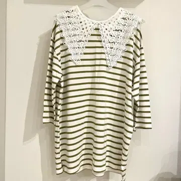 BEAMS HEART 레이스 카라 부착 7부 소매 T셔츠