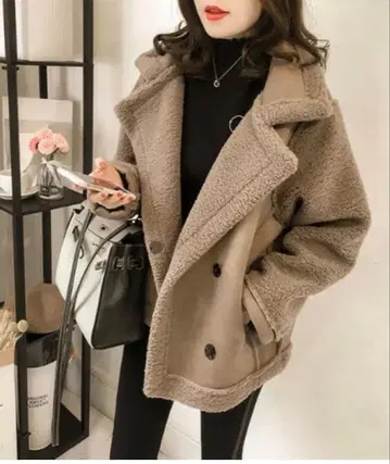 베이지 플리스 자켓 더블 브레스트